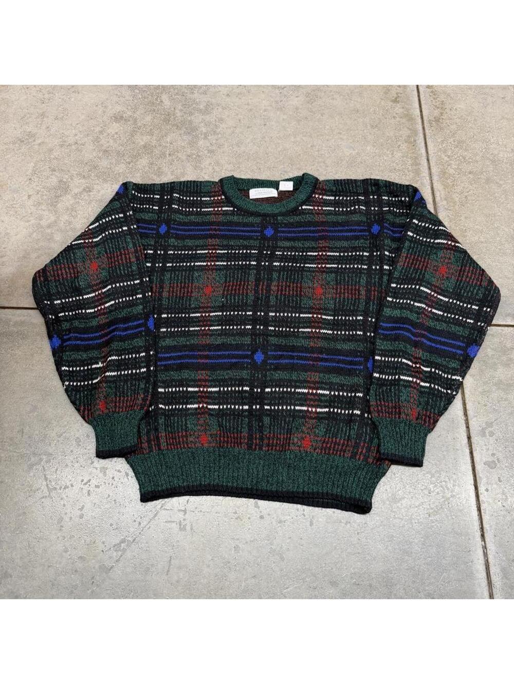 vintage van heusen green white and blue striped knit sweater size xl